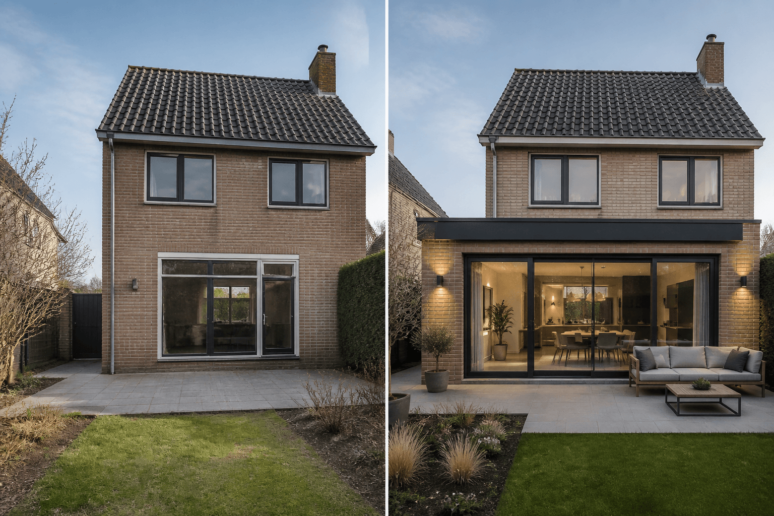 Voor en na van een moderne woningaanbouw